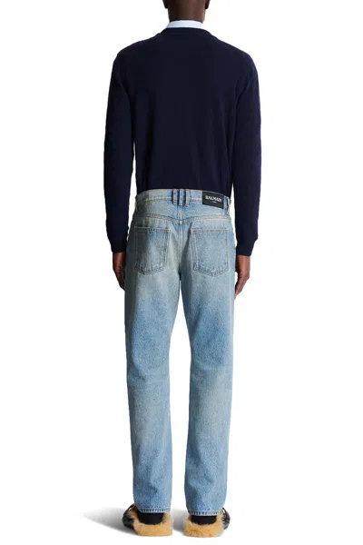 Balmain Straight Whiskering Faded Belt Loops Pockets In Blue