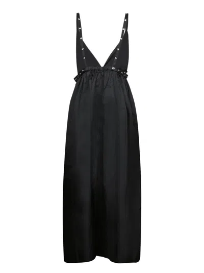 Ganni Black Long Dress With A V-neck Embellished With Studs In Black