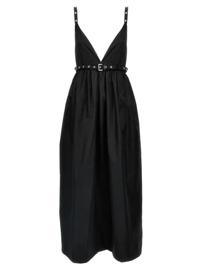 Ganni Black Long Dress With A V-neck Embellished With Studs In Black