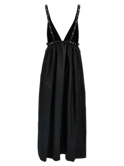 Ganni Black Long Dress With A V-neck Embellished With Studs In Black