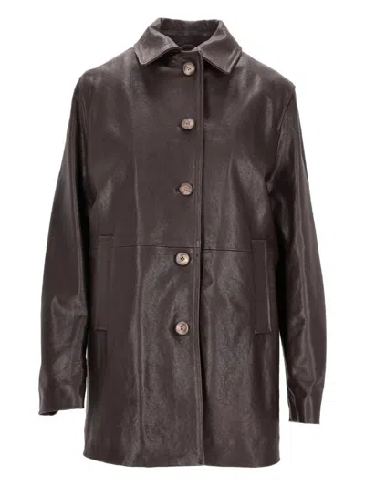La Rose Button-up Leather Coat In Brown