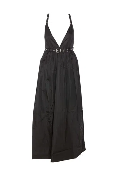 Ganni Black Long Dress With A V-neck Embellished With Studs In Black