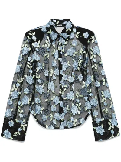 Rotate Birger Christensen Rotate Sheer Black Shirt With Intricate Floral Embroidery