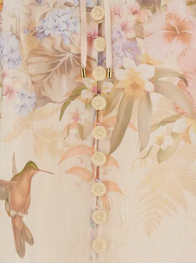 Zimmermann 'illuminate'beige Blouse With Puffed Sleeves And All-over Floral Print In Linen And Silk Blend Woman