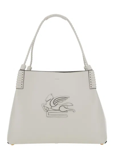 Etro 'libra' White Shoulder Bag With Maxi Logo On The Front In Leather Woman