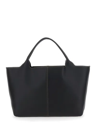 Tod's Black Shopper With Two Top Handles And Metal Bar With Logo In Leather Woman