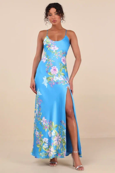 Lulus Donna Blue Floral Sleeveless Slip Maxi Dress In Blue