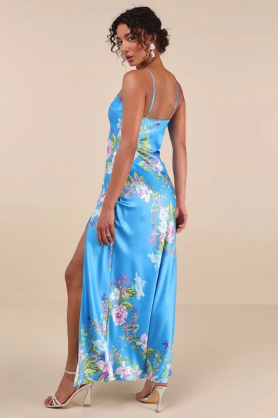 Lulus Donna Blue Floral Sleeveless Slip Maxi Dress In Blue
