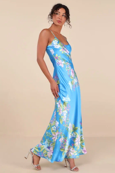 Lulus Donna Blue Floral Sleeveless Slip Maxi Dress In Blue