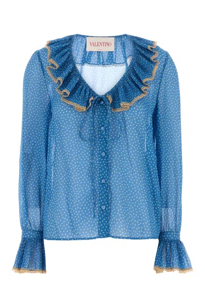 Valentino Garavani Micro-polka Dot Silk Georgette Shirt In Blue