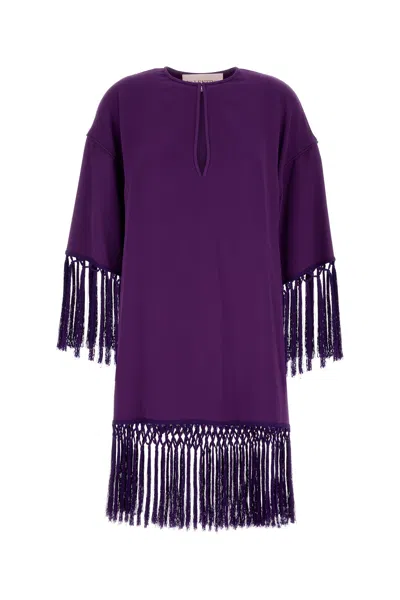 Valentino Fringed Keyhole Neckline Mid-length Sleeves Dress In Purple
