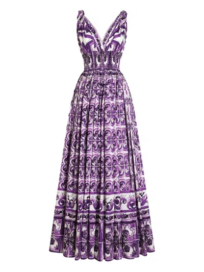 Dolce & Gabbana Smocked V-neck Maxi Dress With Tie Straps In Purple