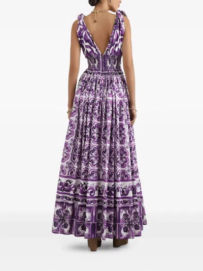 Dolce & Gabbana Smocked V-neck Maxi Dress With Tie Straps In Purple
