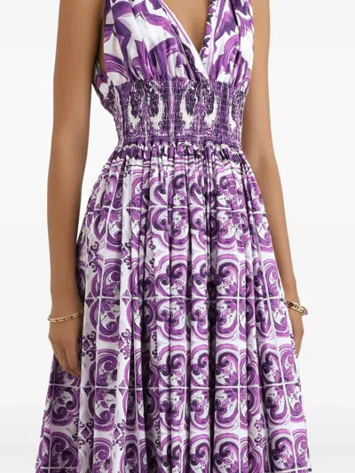 Dolce & Gabbana Smocked V-neck Maxi Dress With Tie Straps In Purple