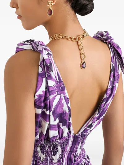 Dolce & Gabbana Smocked V-neck Maxi Dress With Tie Straps In Purple