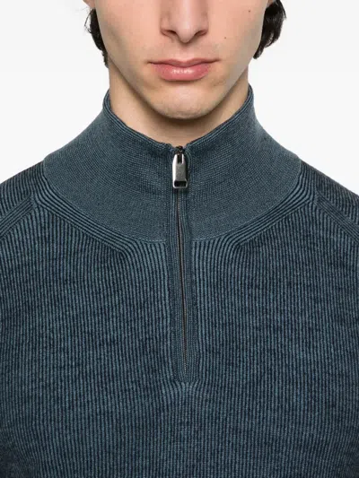 Brioni Ribbed Zip-neck Sweater In Blue