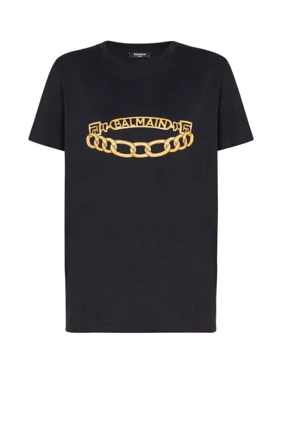 Balmain Crew Neck Graphic Print Short Sleeves In Black