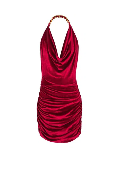 Balmain Red Chain-detail Velvet Mini Dress In Red