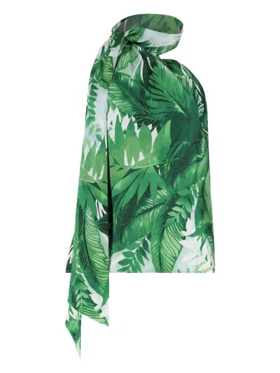 Ralph Lauren Ribbon-neck Tropical-print Blouse In Green