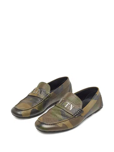 Pre-owned Valentino Garavani Camouflage-pattern Leather Loafers In Green