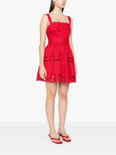 Self-portrait Lace-inserts Belted Mini Dress In Red