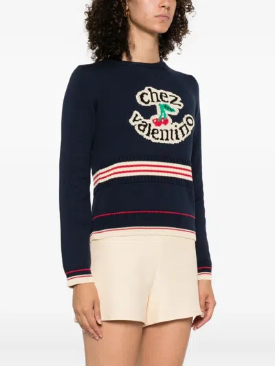 Valentino Cotton Sweater Crew Neck Long Sleeves In Blue