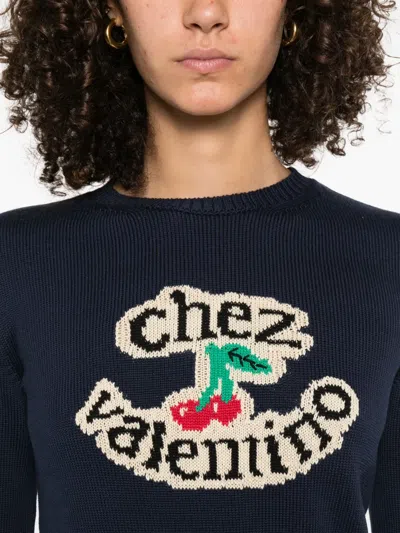 Valentino Cotton Sweater Crew Neck Long Sleeves In Blue