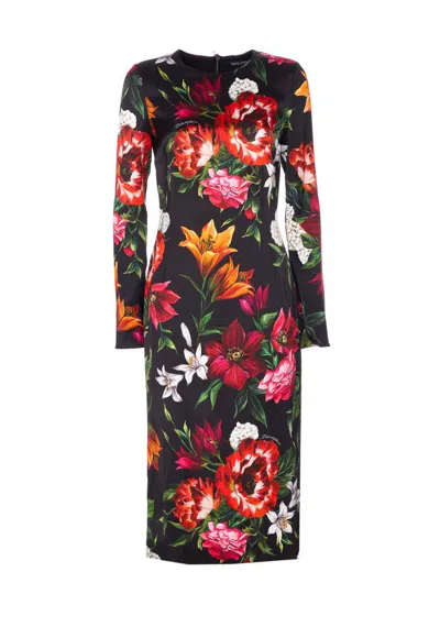 Dolce & Gabbana Flower Print Satin Midi Dress In Multi