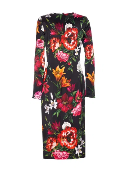 Dolce & Gabbana Flower Print Satin Midi Dress In Multi