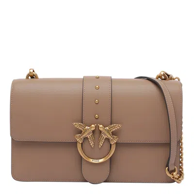 Pinko Beige Leather Shoulder Bag With Logo Buckle In Brown