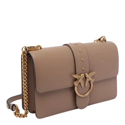 Pinko Beige Leather Shoulder Bag With Logo Buckle In Brown