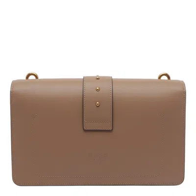 Pinko Beige Leather Shoulder Bag With Logo Buckle In Brown