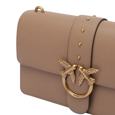 Pinko Beige Leather Shoulder Bag With Logo Buckle In Brown