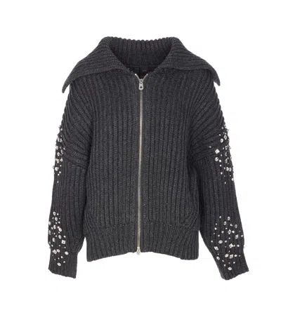 Pinko Crystal-embellished Ribbed Cardigan In Gray