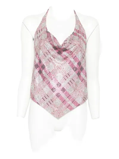 Self-portrait Checked Crystal And Chainmail-embellished Faille Halterneck Top In White