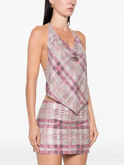 Self-portrait Checked Crystal And Chainmail-embellished Faille Halterneck Top In White