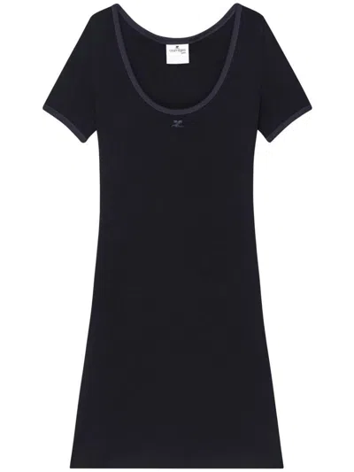 Courrèges Cotton Short Sleeves Mini Dress In Black