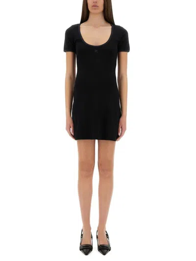 Courrèges Cotton Short Sleeves Mini Dress In Black