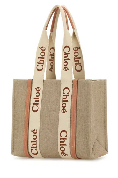 Chloé Multicolor Linen Medium Woody Shopping Bag