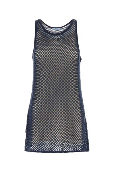 Prada Navy Blue Mesh Mini Dress In Blue