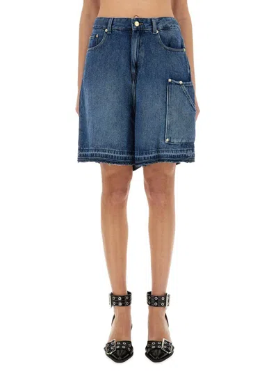 Ganni Blue Shorts With Belt Loops And One Front Patch Pocket In Denim Woman In Blue
