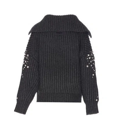 Pinko Crystal-embellished Ribbed Cardigan In Gray