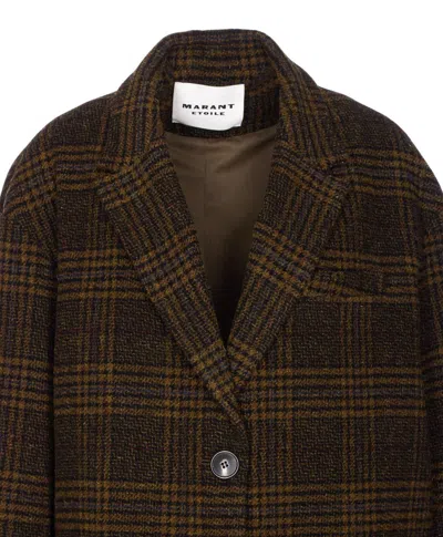 Isabel Marant Étoile Checked V-neck Wool Single Breasted Coat In Brown