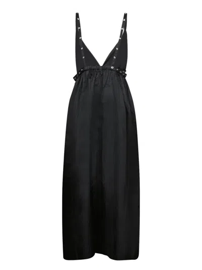 Ganni Black Long Dress With A V-neck Embellished With Studs In Black