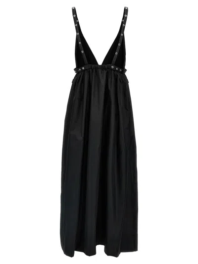 Ganni Black Long Dress With A V-neck Embellished With Studs In Black