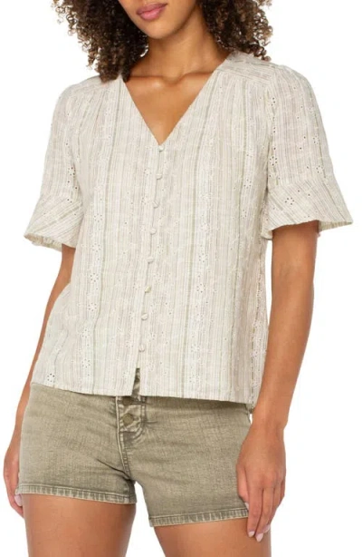 Liverpool Los Angeles Stripe Eyelet Short Sleeve Button-up Shirt In Neutral