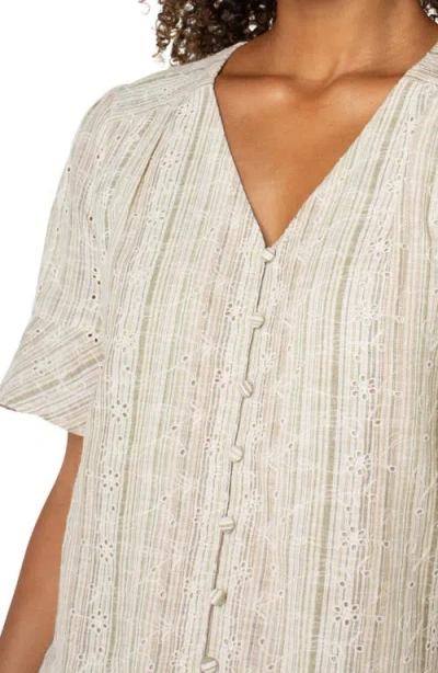 Liverpool Los Angeles Stripe Eyelet Short Sleeve Button-up Shirt In Neutral