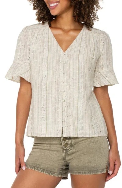 Liverpool Los Angeles Stripe Eyelet Short Sleeve Button-up Shirt In Neutral
