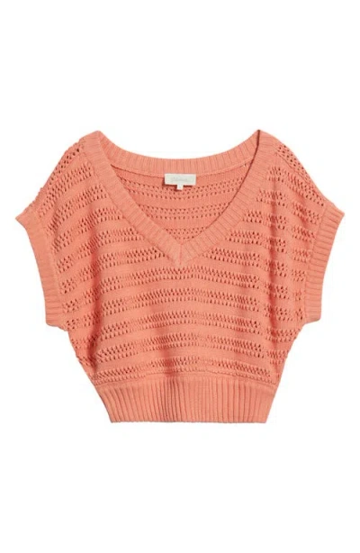 Cleobella Cece Short Sleeve Open Knit Organic Cotton Sweater In Red
