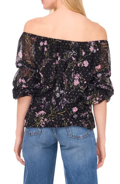 Cece Floral Off The Shoulder Lantern Sleeve Top In Black